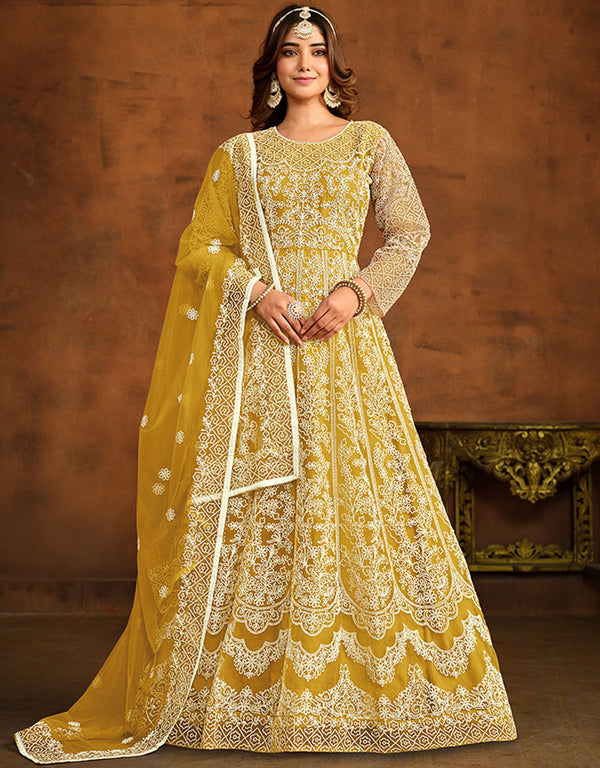 Traditional Function Wear Salwar Suit Collection Orange Gold Net Pant Anarkali Front View