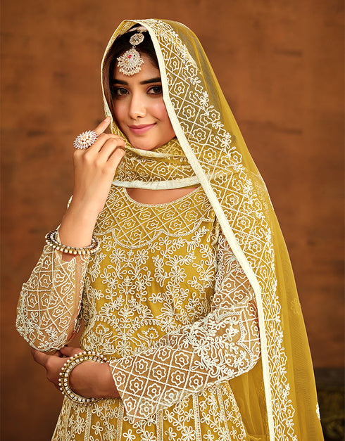 Traditional Function Wear Salwar Suit Collection Orange Gold Net Pant Anarkali Front View
