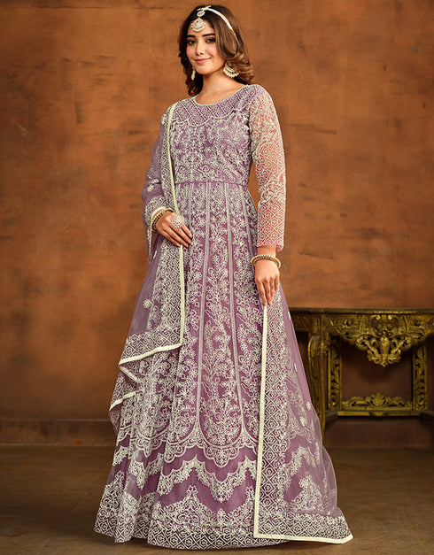 Traditional Function Wear Salwar Suit Collection Reddish Grey Net Pant Anarkali Close-up View