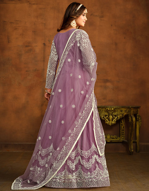 Traditional Function Wear Salwar Suit Collection Reddish Grey Net Pant Anarkali Back View