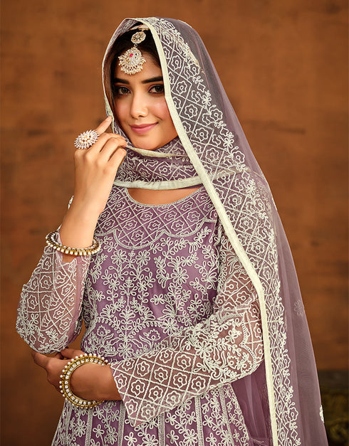 Traditional Function Wear Salwar Suit Collection Reddish Grey Net Pant Anarkali Front View