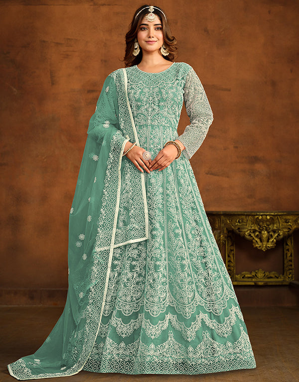 Traditional Function Wear Salwar Suit Collection Viridian Green Net Pant Anarkali Front View