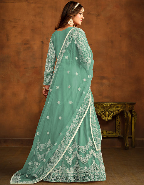 Traditional Function Wear Salwar Suit Collection Viridian Green Net Pant Anarkali Back View