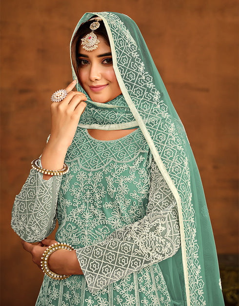Traditional Function Wear Salwar Suit Collection Viridian Green Net Pant Anarkali Front View