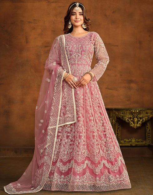 Traditional Function Wear Salwar Suit Collection Muted Pink Net Pant Anarkali Front View