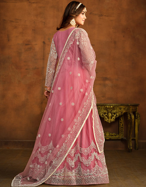 Traditional Function Wear Salwar Suit Collection Muted Pink Net Pant Anarkali Back View
