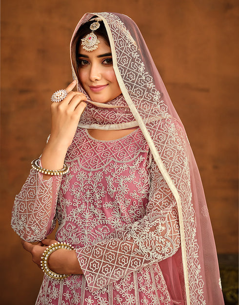Traditional Function Wear Salwar Suit Collection Muted Pink Net Pant Anarkali Front View