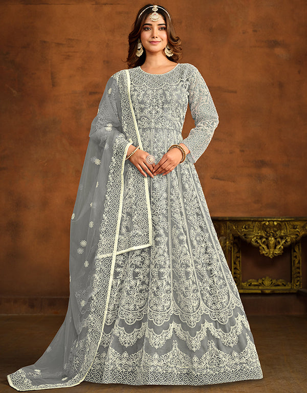 Traditional Function Wear Salwar Suit Collection Davy Grey Net Pant Anarkali Front View