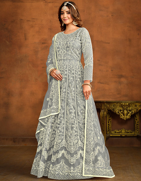 Traditional Function Wear Salwar Suit Collection Davy Grey Net Pant Anarkali Close-up View