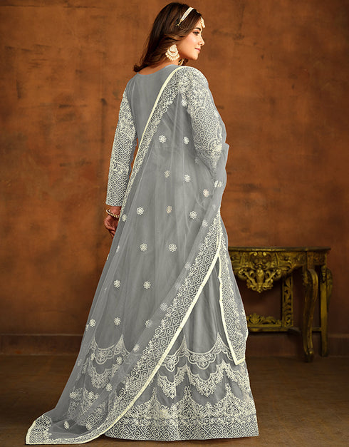 Traditional Function Wear Salwar Suit Collection Davy Grey Net Pant Anarkali Back View