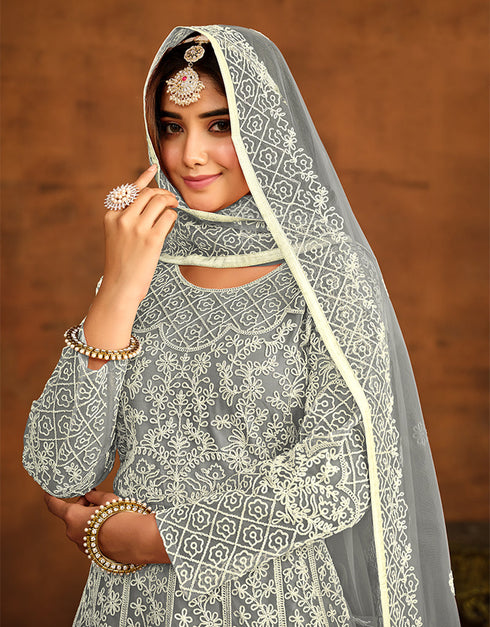 Traditional Function Wear Salwar Suit Collection Davy Grey Net Pant Anarkali Front View