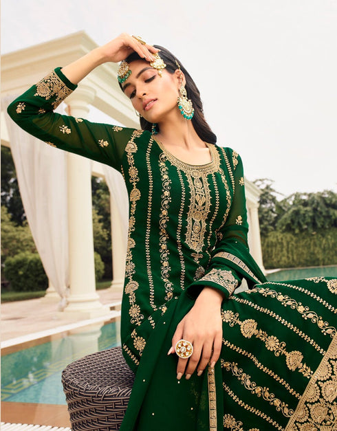 Bottle Green Pant style Straight Georgette Salwar Kameez in Embroidery, Stone & Lace Work Closure View Embroidery