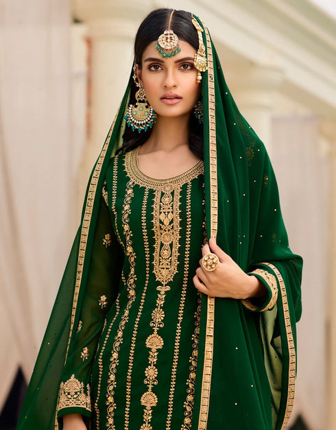 Bottle Green Pant style Straight Georgette Salwar Kameez in Embroidery, Stone & Lace Work Closure View