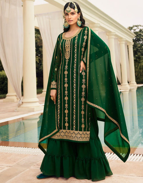 Bottle Green Pant style Straight Georgette Salwar Kameez in Embroidery, Stone & Lace Work