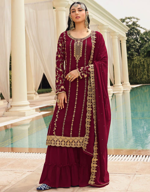 Dark Wine Pant style Straight Georgette Salwar Kameez in Embroidery, Stone & Lace Work