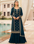 Royal Blue Pant style Straight Georgette Salwar Kameez in Embroidery, Stone & Lace Work