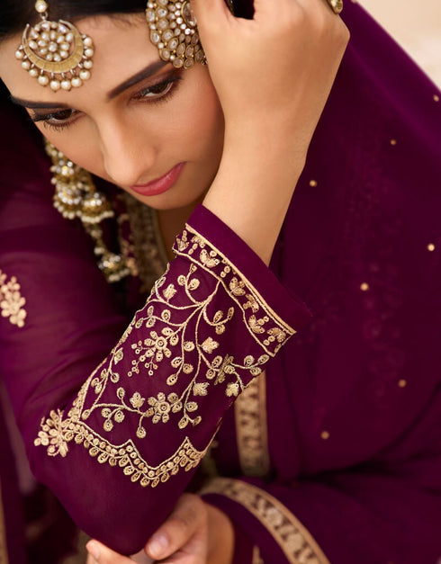 Dark Purple Pant style Straight Georgette Salwar Kameez in Embroidery, Stone & Lace Work Closure View Embroidery Back side View