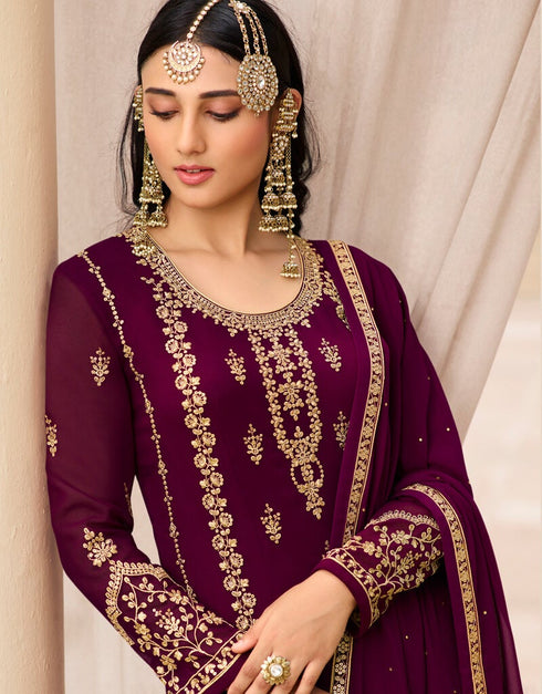 Dark Purple Pant style Straight Georgette Salwar Kameez in Embroidery, Stone & Lace Work Closure View