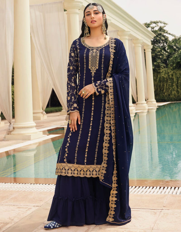 Navy Blue Pant style Straight Georgette Salwar Kameez in Embroidery, Stone & Lace Work