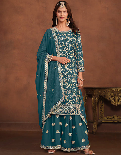 trendy mineral green faux georgette designer party wear salwar suit with mineral green faux georgette df-174-7403 Front View