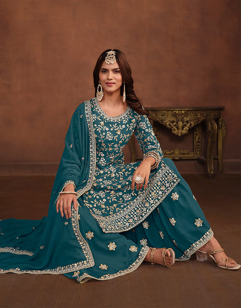 trendy mineral green faux georgette designer party wear salwar suit with mineral green faux georgette df-174-7403 Close-up View