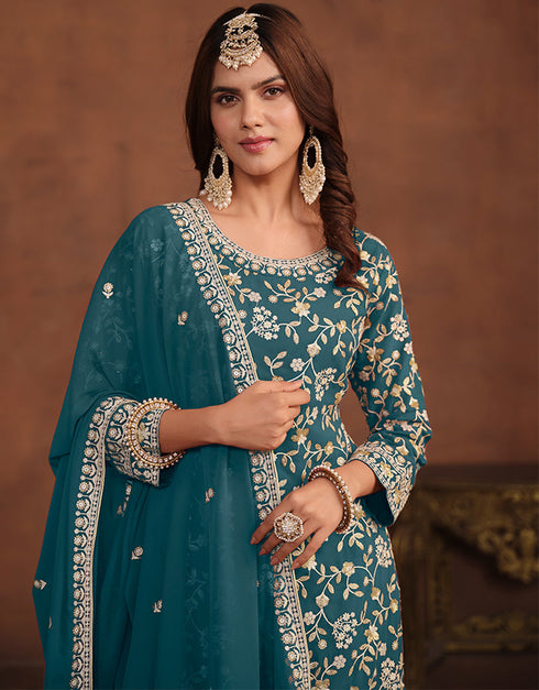 trendy mineral green faux georgette designer party wear salwar suit with mineral green faux georgette df-174-7403 Front View