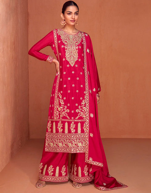 stylish lipstick red real chinon designer traditional wedding wear salwar suit with lipstick red real chinon ie-7430 Back View