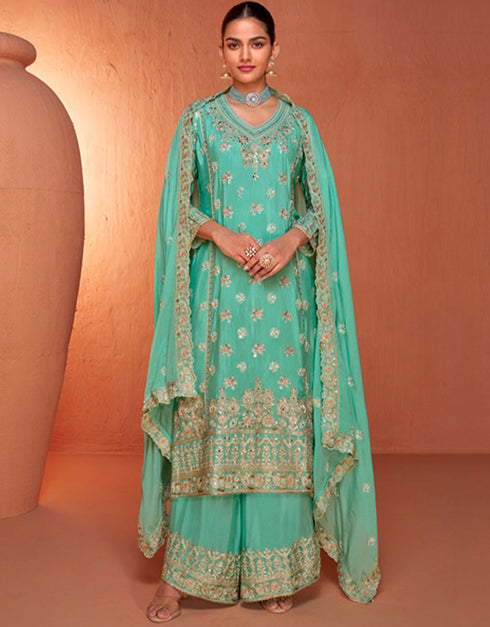 chic summer green real chinon designer traditional wedding wear salwar suit with summer green real chinon ie-7431 Front View