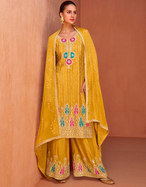 trendy fuel yellow real chinon designer traditional wedding wear salwar suit with fuel yellow real chinon ie-7432 Front View