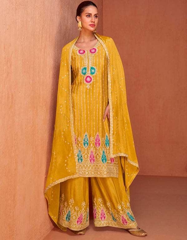 trendy fuel yellow real chinon designer traditional wedding wear salwar suit with fuel yellow real chinon ie-7432 Front View