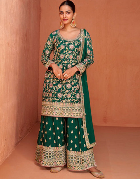 elegant sherwood green real chinon designer traditional wedding wear salwar suit with sherwood green real chinon ie-7433 Close-up View