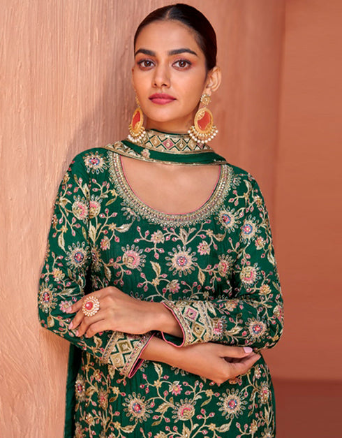 elegant sherwood green real chinon designer traditional wedding wear salwar suit with sherwood green real chinon ie-7433 Back View
