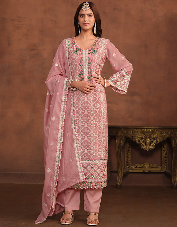 stylish dusty pink soft organza heavy designer wedding wear soft organza salwar suit with dusty pink santool df-175-7501 Front View