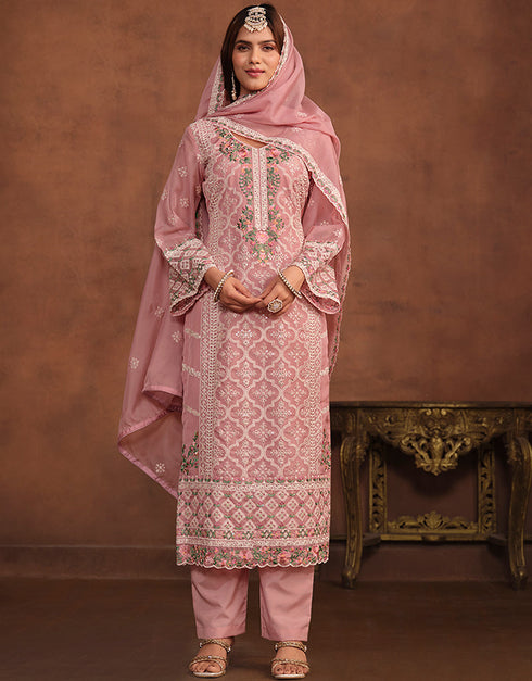 stylish dusty pink soft organza heavy designer wedding wear soft organza salwar suit with dusty pink santool df-175-7501 Close-up View