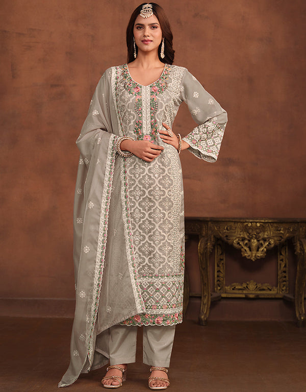 chic grey olive soft organza heavy designer wedding wear soft organza salwar suit with grey olive santool df-176-7502 Front View