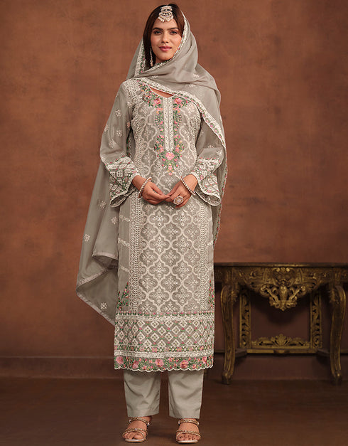 chic grey olive soft organza heavy designer wedding wear soft organza salwar suit with grey olive santool df-176-7502 Close-up View