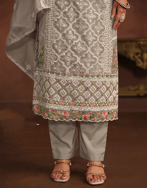 chic grey olive soft organza heavy designer wedding wear soft organza salwar suit with grey olive santool df-176-7502 Back View