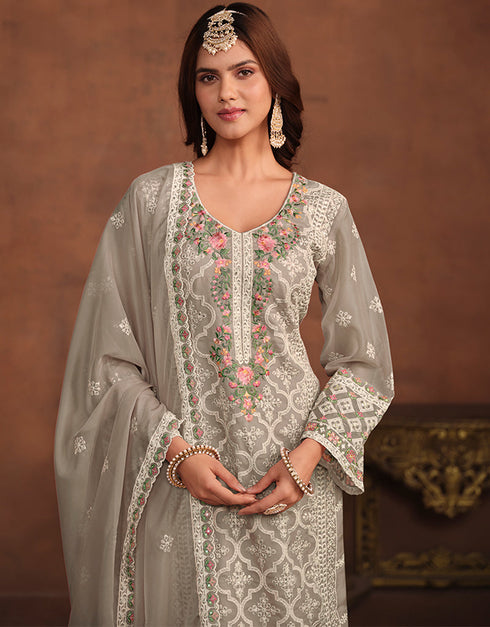 chic grey olive soft organza heavy designer wedding wear soft organza salwar suit with grey olive santool df-176-7502 Side View