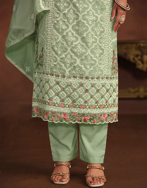 trendy thistle green soft organza heavy designer wedding wear soft organza salwar suit with thistle green santool df-177-7503 Back View