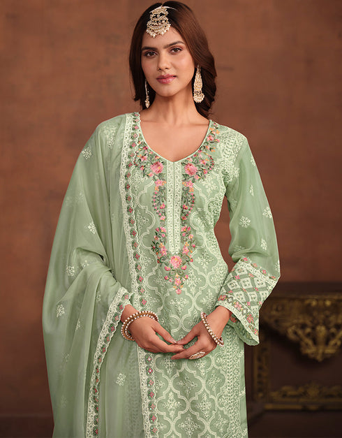 trendy thistle green soft organza heavy designer wedding wear soft organza salwar suit with thistle green santool df-177-7503 Side View