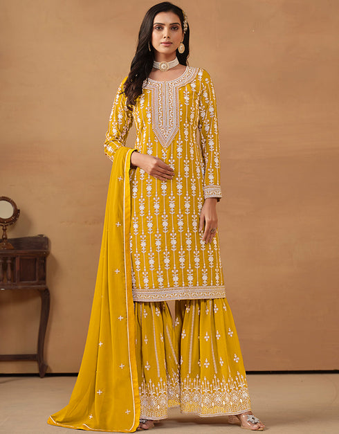 stylish yellow ochre faux georgette heavy designer wedding wear georgette salwar suit with yellow ochre faux georgette df-176-7601 Front View