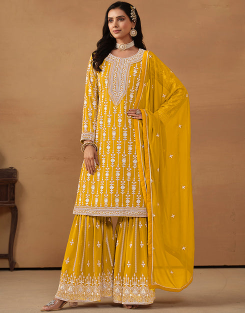 stylish yellow ochre faux georgette heavy designer wedding wear georgette salwar suit with yellow ochre faux georgette df-176-7601 Close-up View