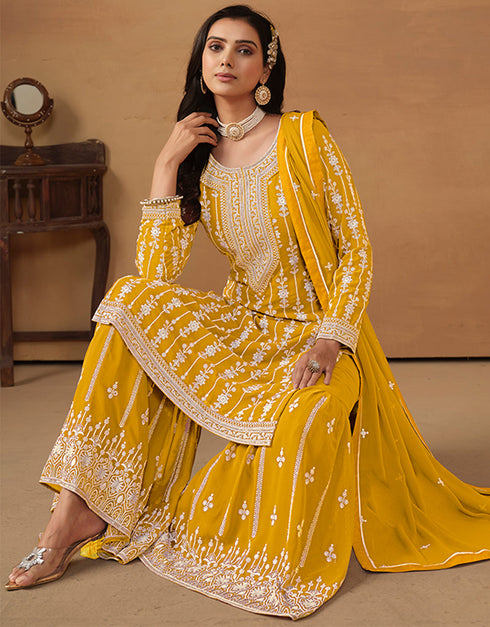 stylish yellow ochre faux georgette heavy designer wedding wear georgette salwar suit with yellow ochre faux georgette df-176-7601 Back View