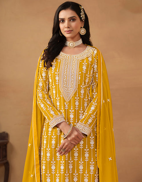 stylish yellow ochre faux georgette heavy designer wedding wear georgette salwar suit with yellow ochre faux georgette df-176-7601 Front View