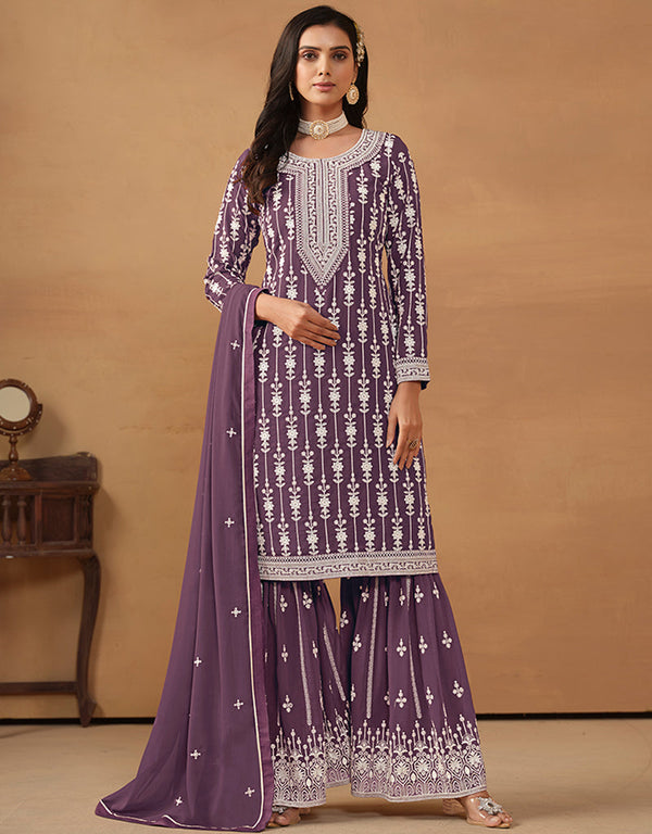 chic plum purple faux georgette heavy designer wedding wear georgette salwar suit with plum purple faux georgette df-176-7602 Front View