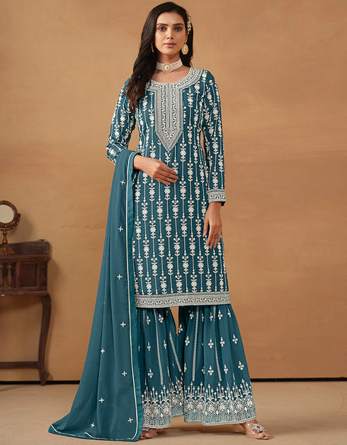 trendy blue jay faux georgette heavy designer wedding wear georgette salwar suit with blue jay faux georgette df-176-7603 Front View