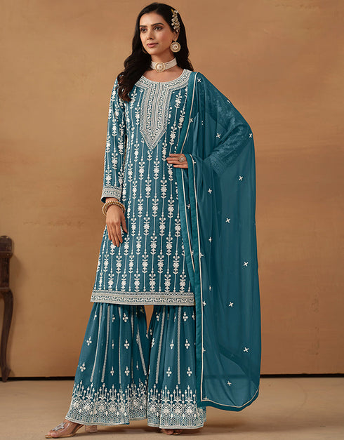 trendy blue jay faux georgette heavy designer wedding wear georgette salwar suit with blue jay faux georgette df-176-7603 Close-up View