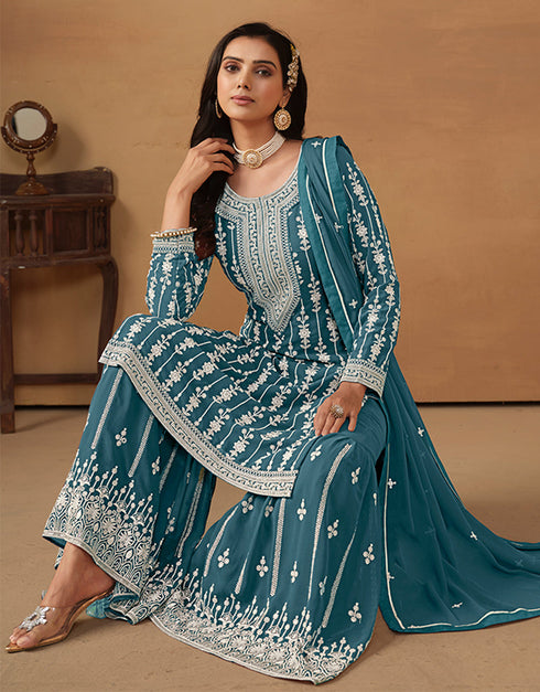 trendy blue jay faux georgette heavy designer wedding wear georgette salwar suit with blue jay faux georgette df-176-7603 Back View