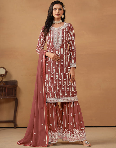 elegant sanguine brown faux georgette heavy designer wedding wear georgette salwar suit with sanguine brown faux georgette df-176-7604 Front View