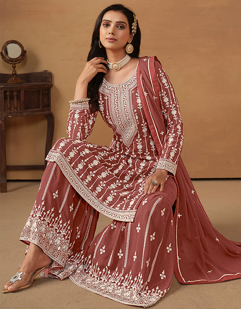 elegant sanguine brown faux georgette heavy designer wedding wear georgette salwar suit with sanguine brown faux georgette df-176-7604 Back View